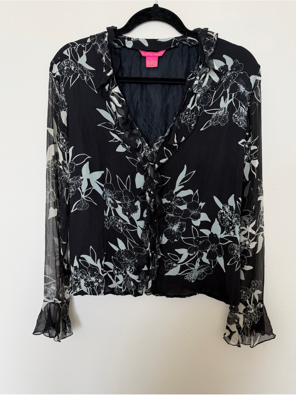 Sunny Leigh Silk Black and White Floral Ruffle Sheer Bell Sleeve Top XL